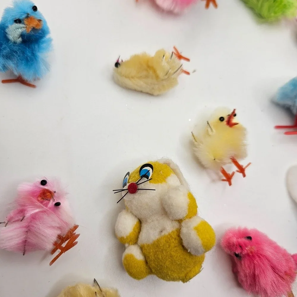 Vintage Flocked Easter Bunny & Chick Lot Feather Chicks Japan Style Spring Decor